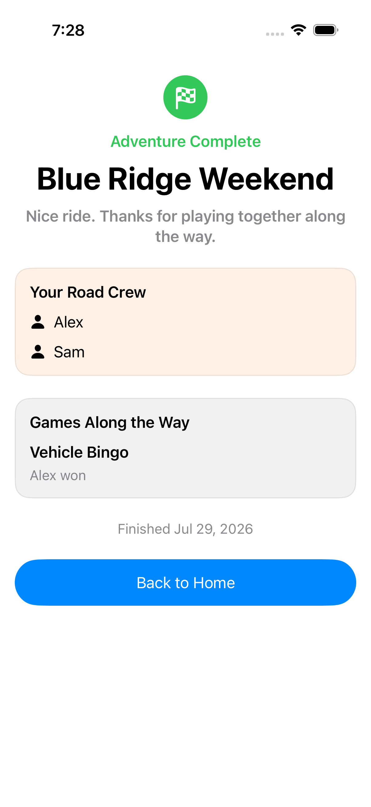 Adventure Complete summary showing the Road Crew and a completed Vehicle Bingo game