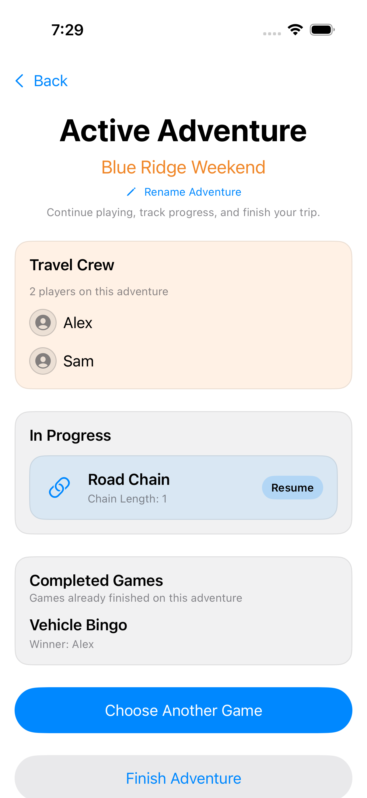 Adventure Dashboard for Blue Ridge Weekend showing the Road Crew and games