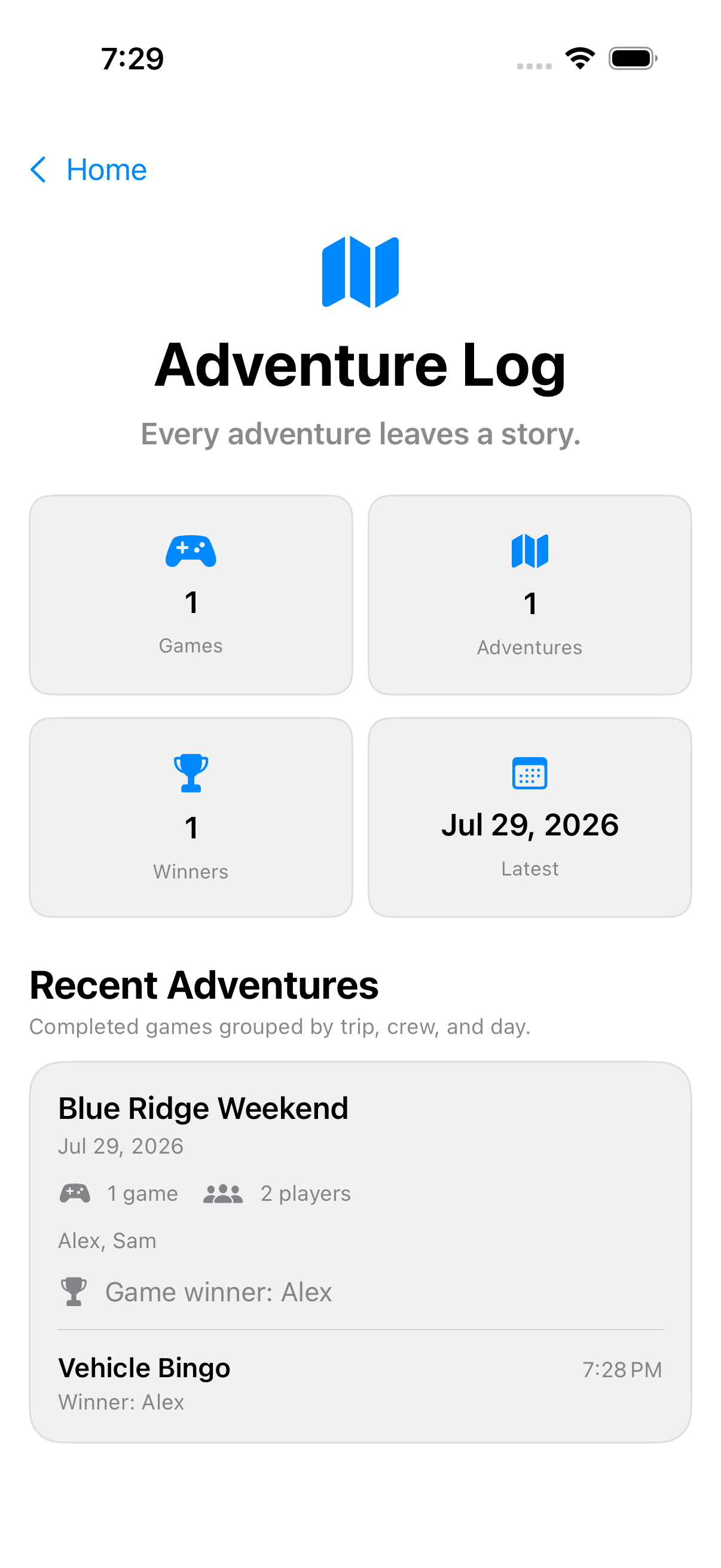 Adventure Log showing the completed Blue Ridge Weekend Adventure