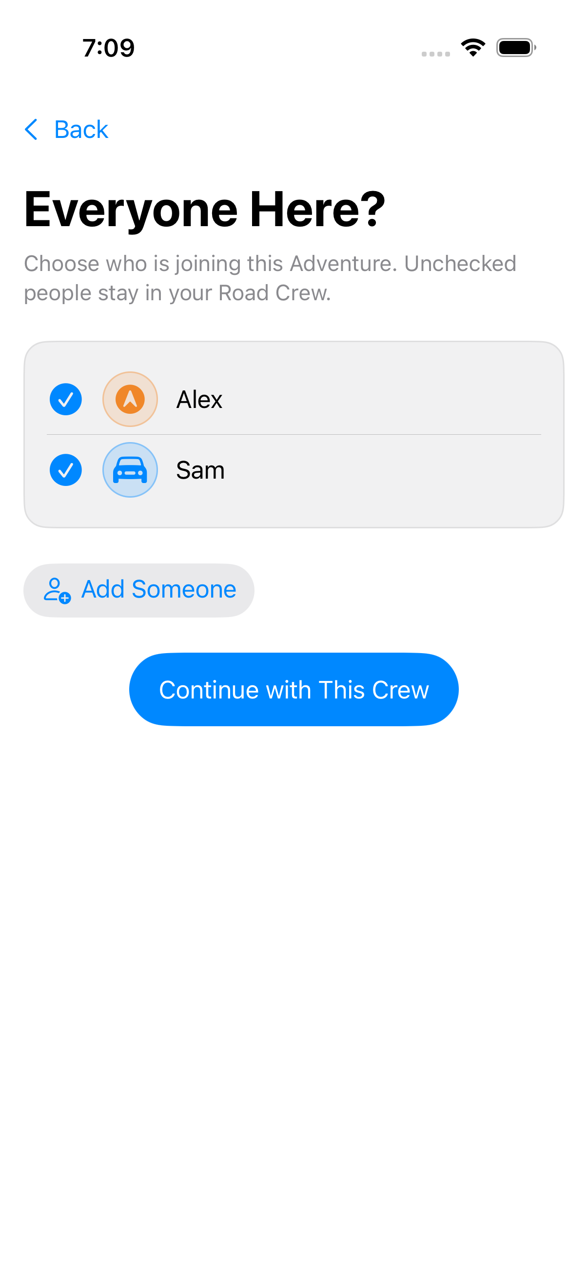 Road Crew confirmation screen showing selected players with colorful game pieces